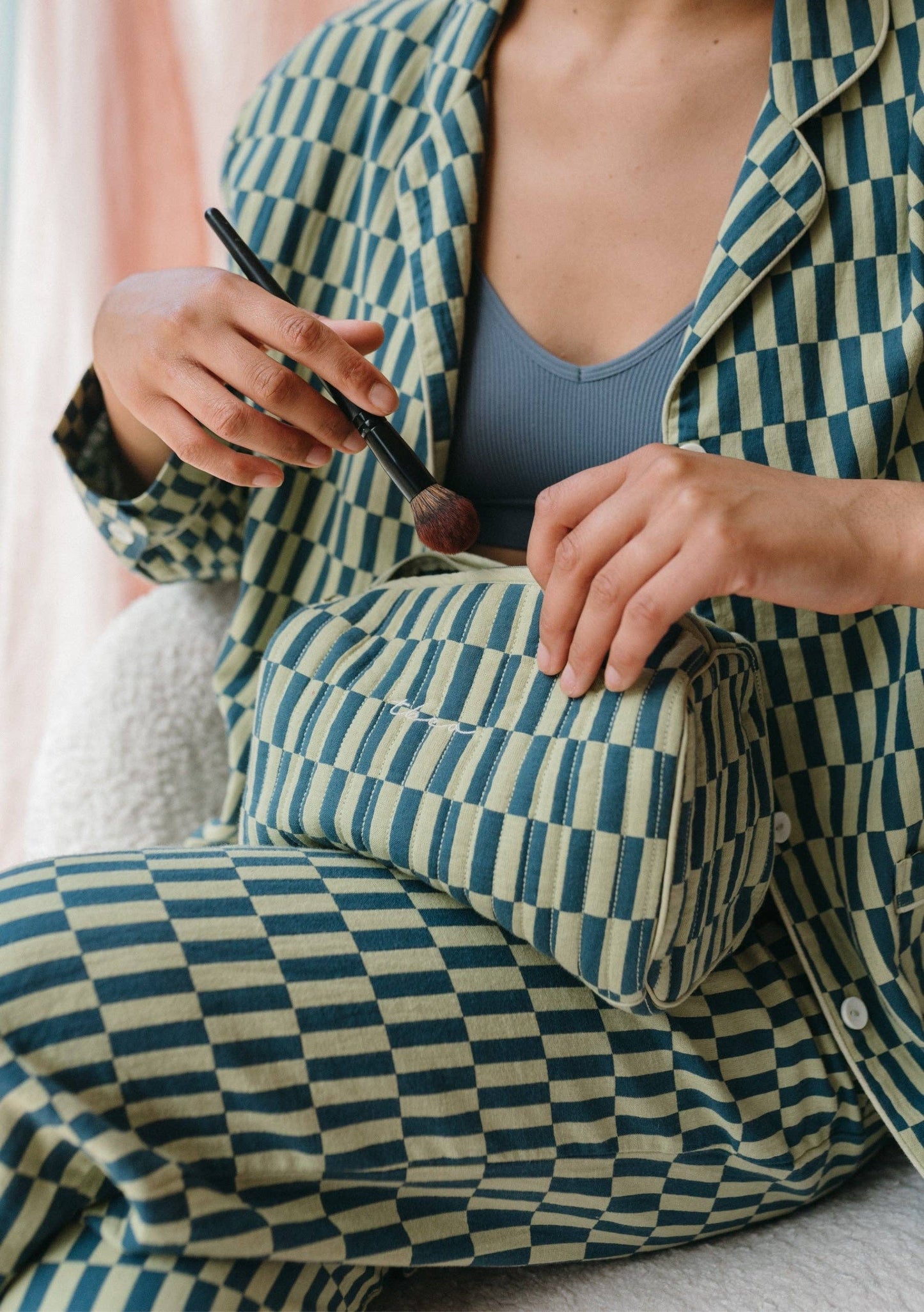 Cotton Wash Bag | Green Checkerboard