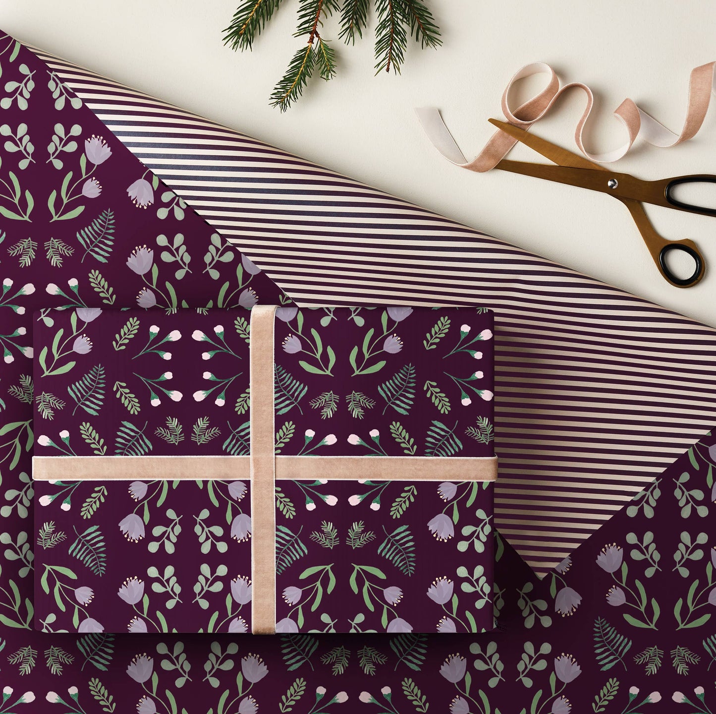 Plum Floral & Stripe Christmas Double Sided Gift Wrap