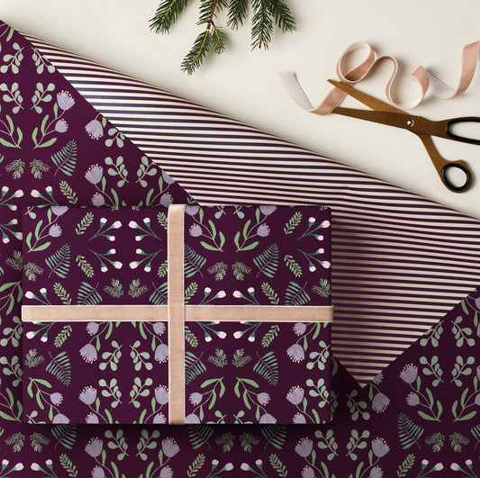 Plum Floral & Stripe Christmas Double Sided Gift Wrap